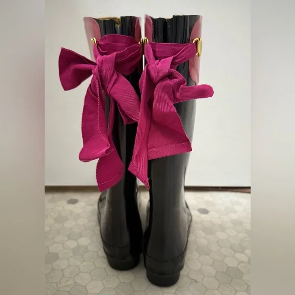 Joules Evedon Rain Boots Wellies - Black & Berry Pink Ribbon Bow - Picture 6 of 9